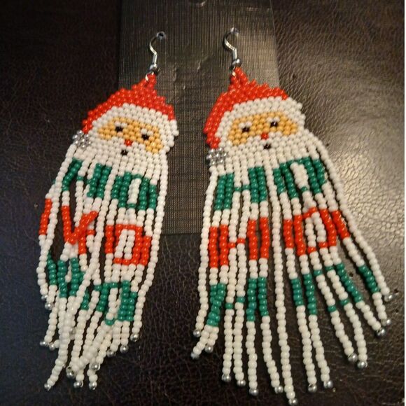 Santa HO HO HO Beaded Long Dangle Earrings - Picture 1 of 7